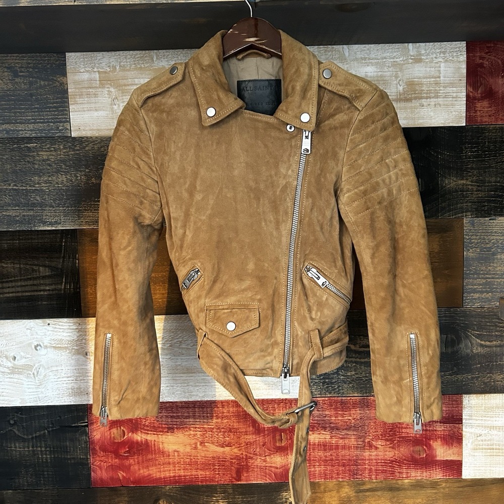 Allsaints Hitchen Suede Goat Leather Biker Jacket Tan Belted Beige Size 0